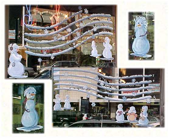 Painted Christmas Windows in Grants Pass ~ Snowman Band at Listen Here Music